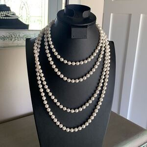 Lovely Vintage Long White Faux Knotted pearl necklace, Unmarked